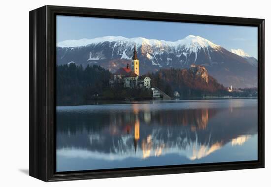 The Assumption of Mary Pilgrimage Church on Lake Bled and Bled Castle, Bled, Slovenia, Europe-Miles Ertman-Framed Premier Image Canvas