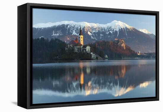 The Assumption of Mary Pilgrimage Church on Lake Bled and Bled Castle, Bled, Slovenia, Europe-Miles Ertman-Framed Premier Image Canvas