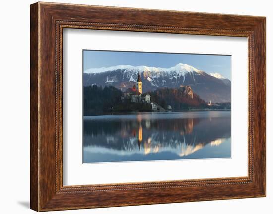 The Assumption of Mary Pilgrimage Church on Lake Bled and Bled Castle, Bled, Slovenia, Europe-Miles Ertman-Framed Photographic Print