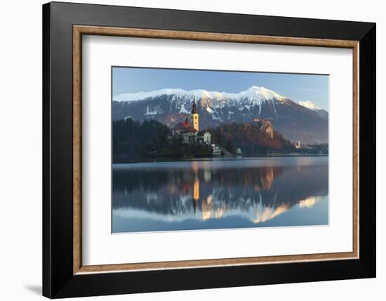 The Assumption of Mary Pilgrimage Church on Lake Bled and Bled Castle, Bled, Slovenia, Europe-Miles Ertman-Framed Photographic Print