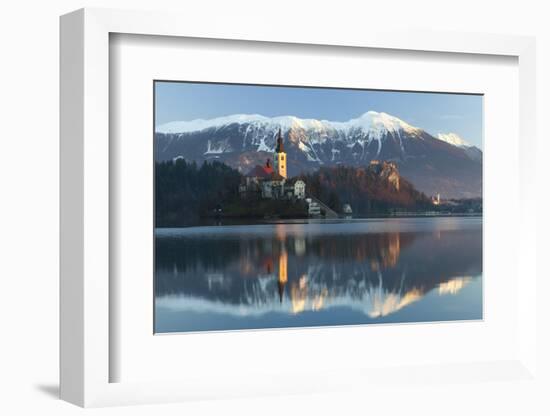 The Assumption of Mary Pilgrimage Church on Lake Bled and Bled Castle, Bled, Slovenia, Europe-Miles Ertman-Framed Photographic Print