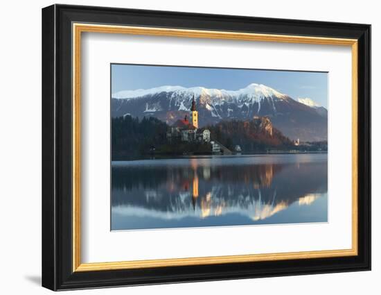 The Assumption of Mary Pilgrimage Church on Lake Bled and Bled Castle, Bled, Slovenia, Europe-Miles Ertman-Framed Photographic Print