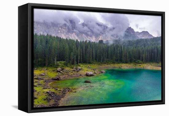 The Astonishing Colours of the Water of the Karersee, in Trentino, During a Rainy Day-Fabio Lotti-Framed Premier Image Canvas
