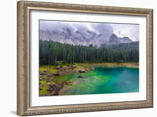 The Astonishing Colours of the Water of the Karersee, in Trentino, During a Rainy Day-Fabio Lotti-Framed Photographic Print
