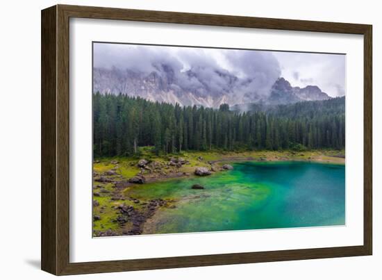 The Astonishing Colours of the Water of the Karersee, in Trentino, During a Rainy Day-Fabio Lotti-Framed Photographic Print