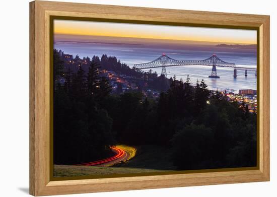 The Astoria-Megler Bridge over the Columbia River & the town of Astoria, Oregon, USA-Mark A Johnson-Framed Premier Image Canvas