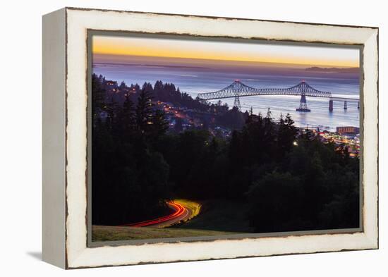 The Astoria-Megler Bridge over the Columbia River & the town of Astoria, Oregon, USA-Mark A Johnson-Framed Premier Image Canvas