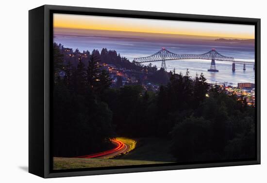 The Astoria-Megler Bridge over the Columbia River & the town of Astoria, Oregon, USA-Mark A Johnson-Framed Premier Image Canvas