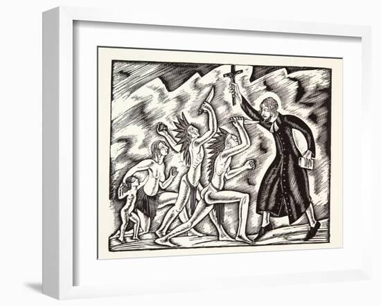 The Attack, from the Travels and Sufferings of Father Jean De Brebeuf, 1938-Eric Gill-Framed Giclee Print