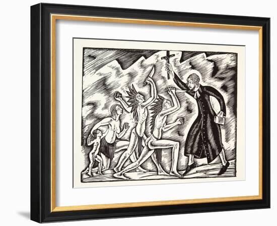 The Attack, from the Travels and Sufferings of Father Jean De Brebeuf, 1938-Eric Gill-Framed Giclee Print