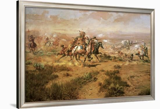 The Attack On The Wagon Train-Charles Marion Russell-Framed Art Print
