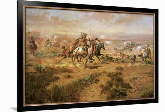 The Attack On The Wagon Train-Charles Marion Russell-Framed Art Print