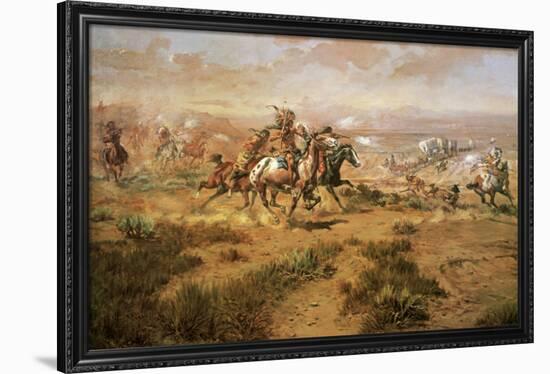 The Attack On The Wagon Train-Charles Marion Russell-Framed Art Print