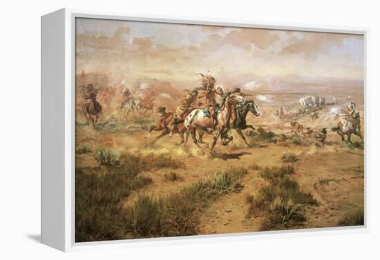 The Attack on the Wagon Train-Charles Marion Russell-Framed Stretched Canvas