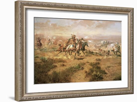 The Attack on the Wagon Train-Charles Marion Russell-Framed Art Print