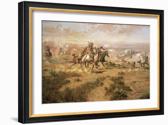 The Attack on the Wagon Train-Charles Marion Russell-Framed Art Print