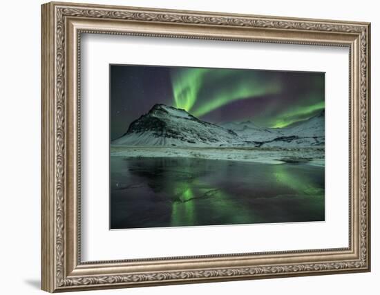 The Aurora Borealis Reflected in a Small Lake in Iceland with Mountains in the Background-Alex Saberi-Framed Photographic Print