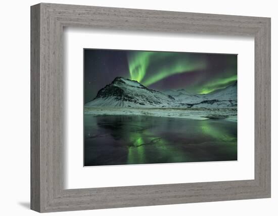 The Aurora Borealis Reflected in a Small Lake in Iceland with Mountains in the Background-Alex Saberi-Framed Photographic Print