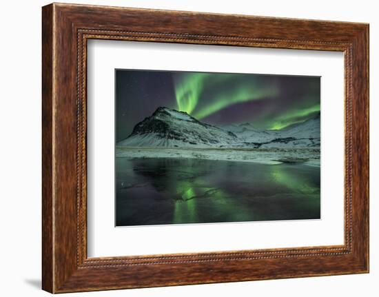 The Aurora Borealis Reflected in a Small Lake in Iceland with Mountains in the Background-Alex Saberi-Framed Photographic Print