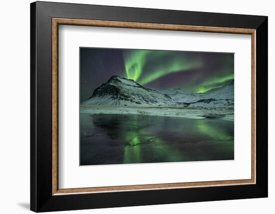 The Aurora Borealis Reflected in a Small Lake in Iceland with Mountains in the Background-Alex Saberi-Framed Photographic Print