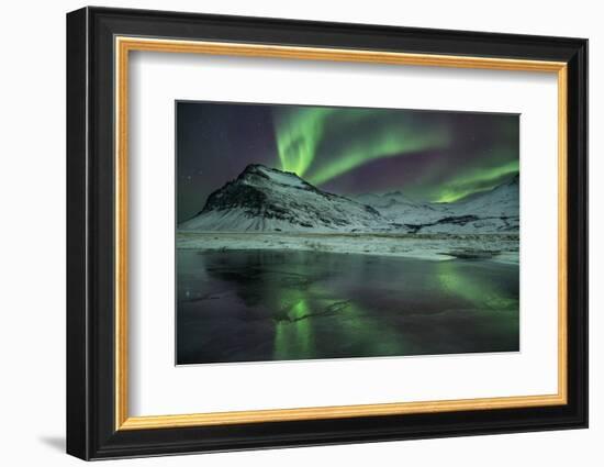 The Aurora Borealis Reflected in a Small Lake in Iceland with Mountains in the Background-Alex Saberi-Framed Photographic Print