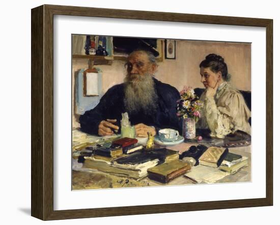 The Author Leo Tolstoy with His Wife in Yasnaya Polyana, 1907-Il'ya Repin-Framed Giclee Print