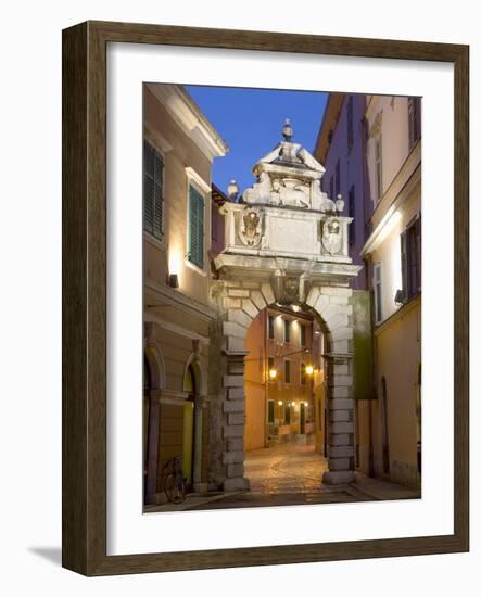 The Balbi Arch and Pedestrianized Grisia Illuminated at Dusk, Rovinj (Rovigno), Istria, Croatia-Ruth Tomlinson-Framed Photographic Print