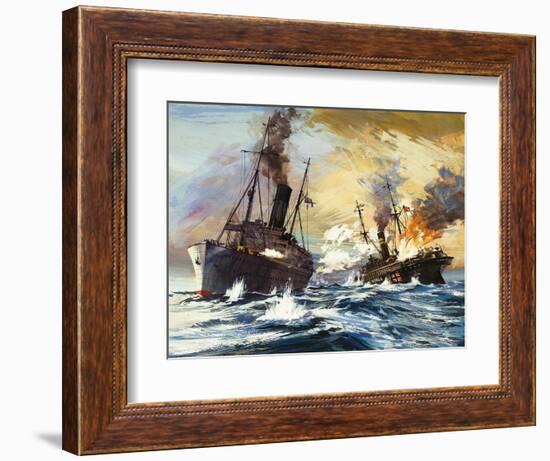 The Battle Between the British Alcantara and German Grail in World War I-English School-Framed Giclee Print