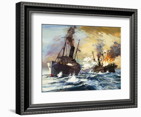 The Battle Between the British Alcantara and German Grail in World War I-English School-Framed Giclee Print