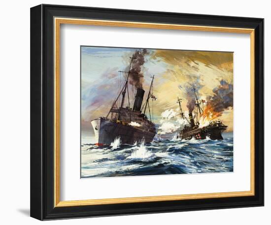 The Battle Between the British Alcantara and German Grail in World War I-English School-Framed Giclee Print