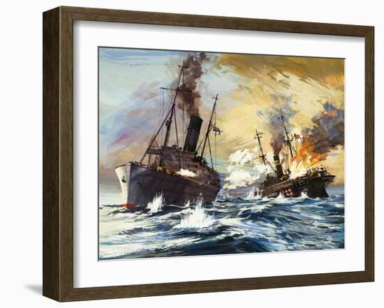 The Battle Between the British Alcantara and German Grail in World War I-English School-Framed Giclee Print