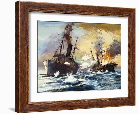 The Battle Between the British Alcantara and German Grail in World War I-English School-Framed Giclee Print