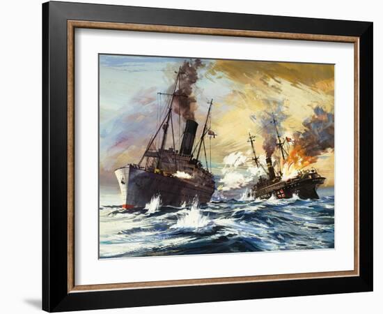 The Battle Between the British Alcantara and German Grail in World War I-English School-Framed Giclee Print