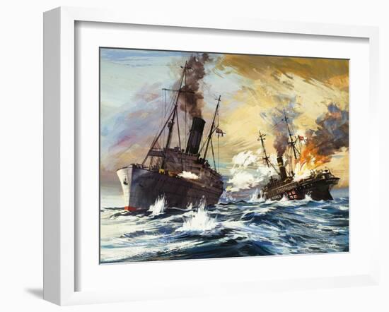 The Battle Between the British Alcantara and German Grail in World War I-English School-Framed Giclee Print