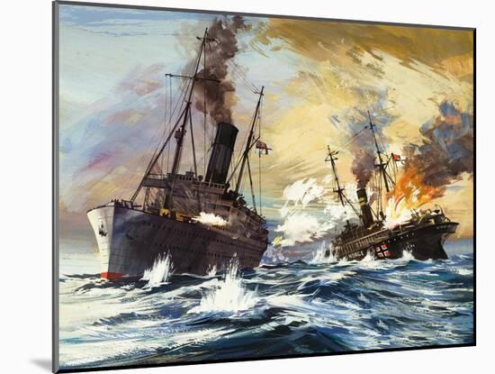 The Battle Between the British Alcantara and German Grail in World War I-English School-Mounted Giclee Print