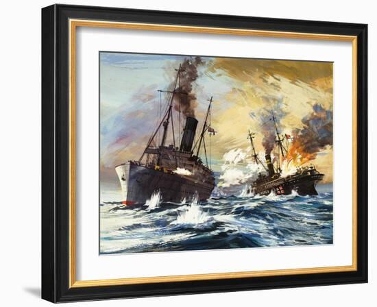 The Battle Between the British Alcantara and German Grail in World War I-English School-Framed Giclee Print