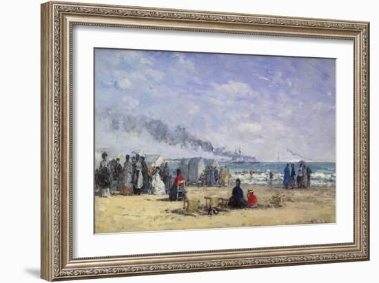 The Beach at Trouville at Bathing Time; La Plage De Trouville a L'Heure Du Bain, 1868-Eug?ne Boudin-Framed Giclee Print