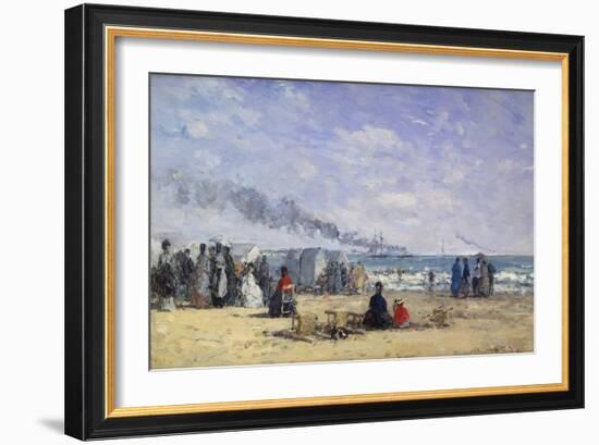 The Beach at Trouville at Bathing Time; La Plage De Trouville a L'Heure Du Bain, 1868-Eug?ne Boudin-Framed Giclee Print