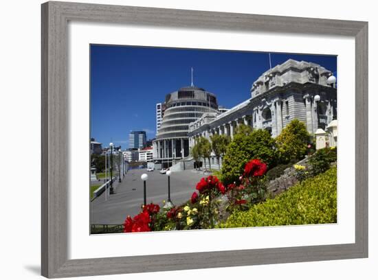 The Beehive and Parliament House, Wellington, North Island, New Zealand-David Wall-Framed Photographic Print