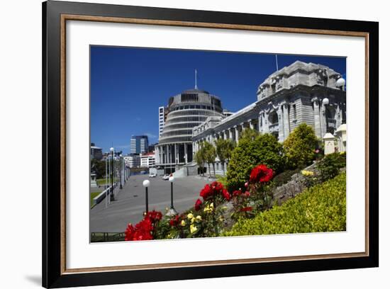 The Beehive and Parliament House, Wellington, North Island, New Zealand-David Wall-Framed Photographic Print