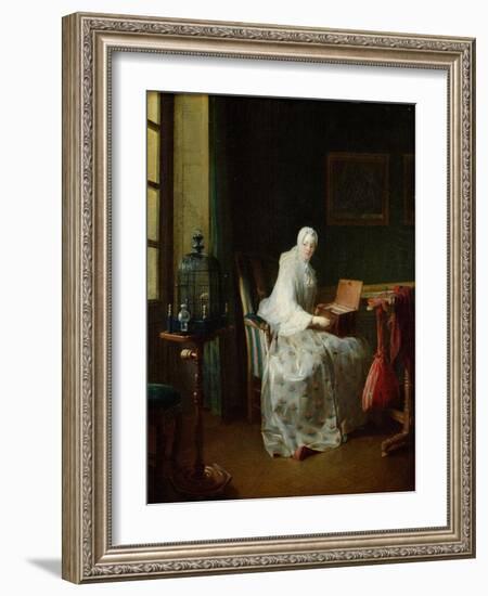 The Bird Organ or a Woman Varying Her Pleasures, 1751-Jean-Baptiste Simeon Chardin-Framed Giclee Print