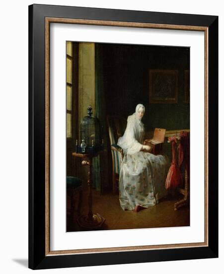 The Bird Organ or a Woman Varying Her Pleasures, 1751-Jean-Baptiste Simeon Chardin-Framed Giclee Print