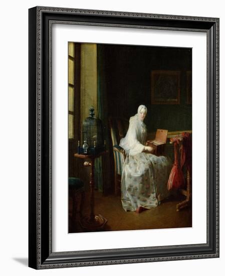 The Bird Organ or a Woman Varying Her Pleasures, 1751-Jean-Baptiste Simeon Chardin-Framed Giclee Print