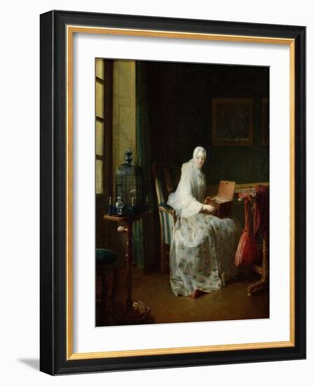 The Bird Organ or a Woman Varying Her Pleasures, 1751-Jean-Baptiste Simeon Chardin-Framed Giclee Print