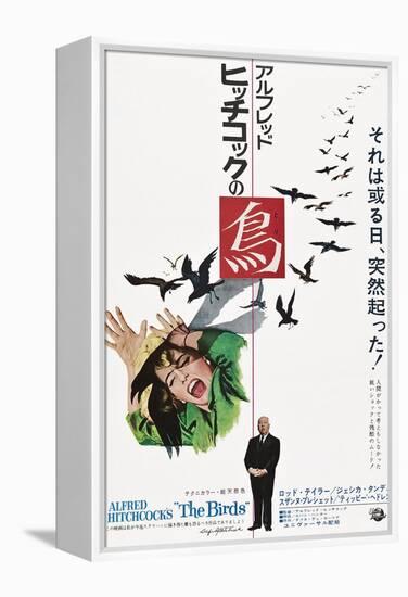 The Birds, Tippi Hedren, Alfred Hitchcock, Japanese Poster Art, 1963-null-Framed Stretched Canvas