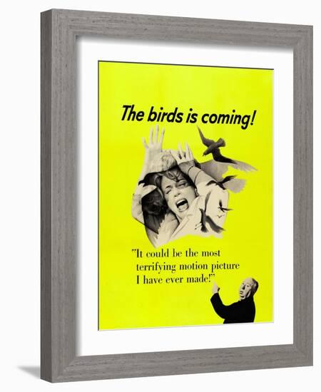 The Birds, Top: Tippi Hedren, Bottom Right: Alfred Hitchcock on CAnadian Poster Art, 1963-null-Framed Art Print