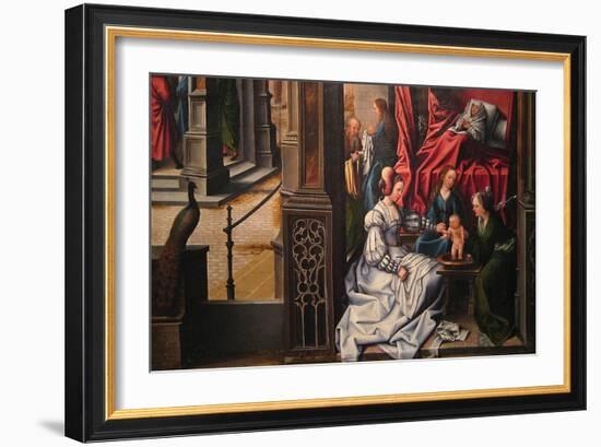 The Birth and Naming of Saint John the Baptist; Trompe-L'Oeil with Painting of the Man of Sorrows-Bernard van Orley-Framed Art Print