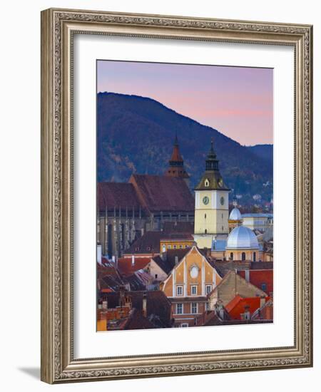 The Black Church and Town Hall Clock Tower Illuminated at Dawn, Piata Sfatului, Brasov, Transylvani-Doug Pearson-Framed Photographic Print