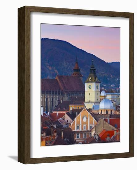 The Black Church and Town Hall Clock Tower Illuminated at Dawn, Piata Sfatului, Brasov, Transylvani-Doug Pearson-Framed Photographic Print