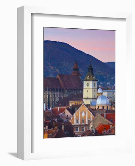 The Black Church and Town Hall Clock Tower Illuminated at Dawn, Piata Sfatului, Brasov, Transylvani-Doug Pearson-Framed Photographic Print